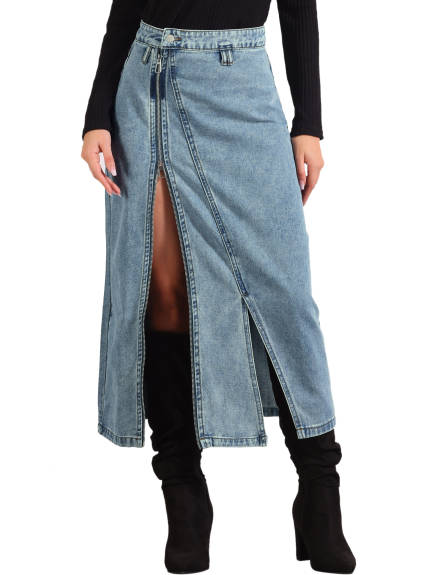 Allegra K- Zipper Front Jean Split Denim Skirt