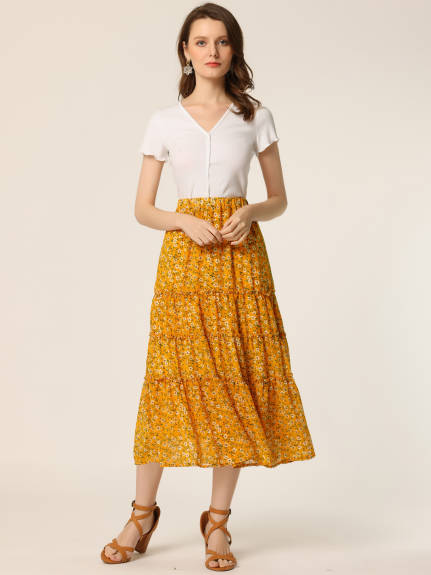 Allegra K- Floral Tiered A-Line Long Chiffon Skirt