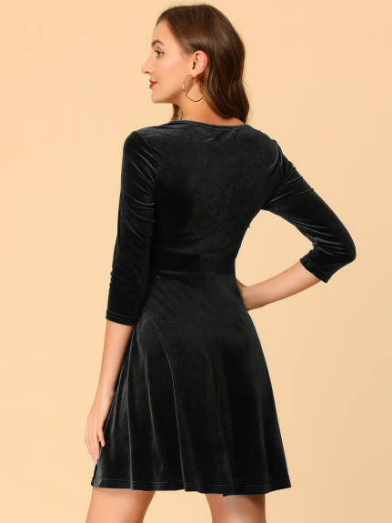 Allegra K- Sweetheart Neck 3/4 Sleeves Fit Velvet Dress