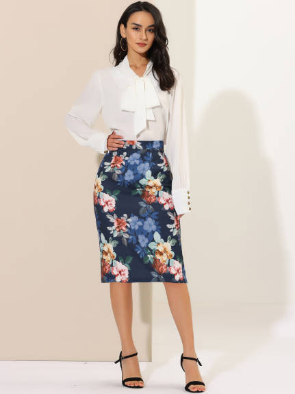 Allegra K- Back Slit Floral Knee Length Pencil Skirt