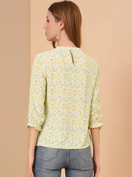 Allegra K- 3/4 Sleeve Ruffle Cuff Ditsy Floral Blouse