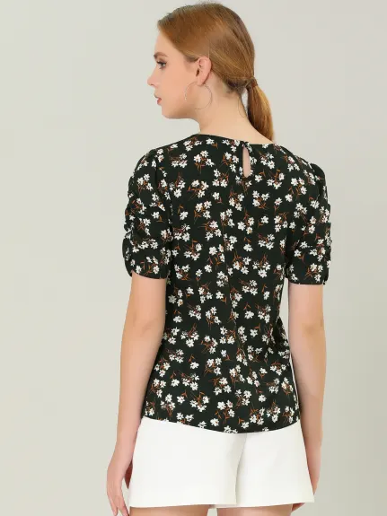 Allegra K- Blouse florale col rond froncé élégant haut à manches courtes