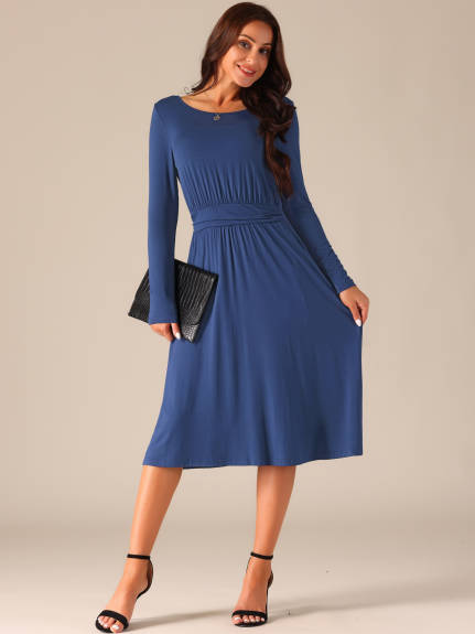 Allegra K - Long Sleeve Crewneck Midi Dress with Pockets