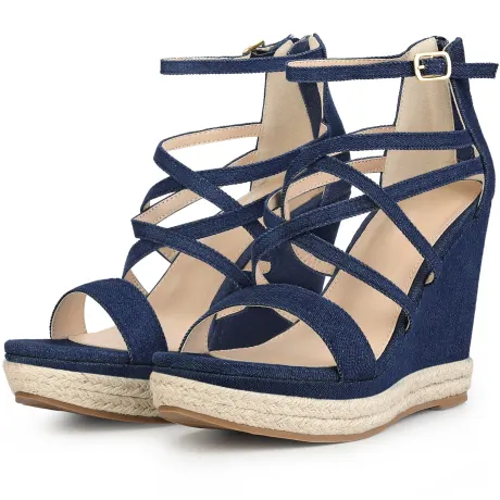 Allegra K - Platform Strappy Denim Wedge Sandals