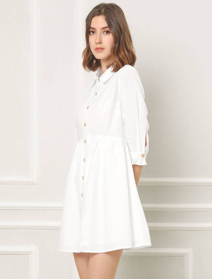 Allegra K- 3/4 Sleeve Button Up Flare Shirt Dress