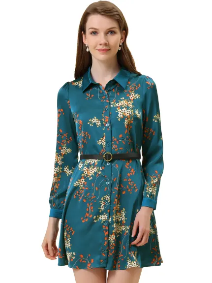 Allegra K- Floral Satin Long Sleeve Belted Button Down Dress