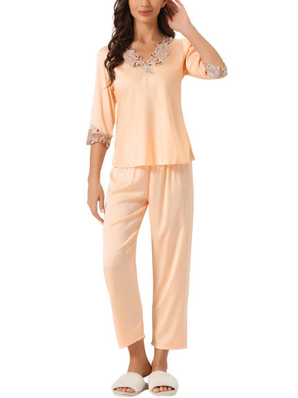 cheibear - Lace Trim Top Long Pants Pajama Set