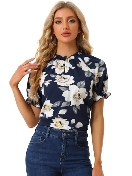 Allegra K- Floral Short Sleeve Ruffle Neck Blouse