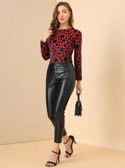 Allegra K- Dots Prints Velvet Burn-Out Long Puff Sleeve Blouse