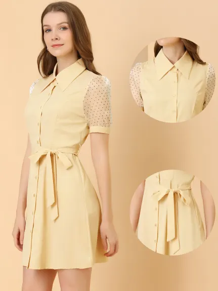 Allegra K- Sheer Sleeve Button Up Collared Shirt Dress