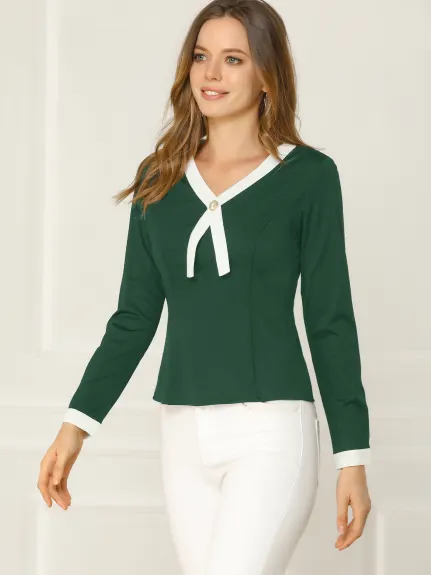 Allegra K- Contrast Trim V Neck Blouse