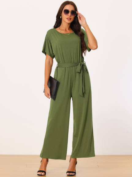 Allegra K - Crewneck Short Sleeve Belted Casual Jumpsuit