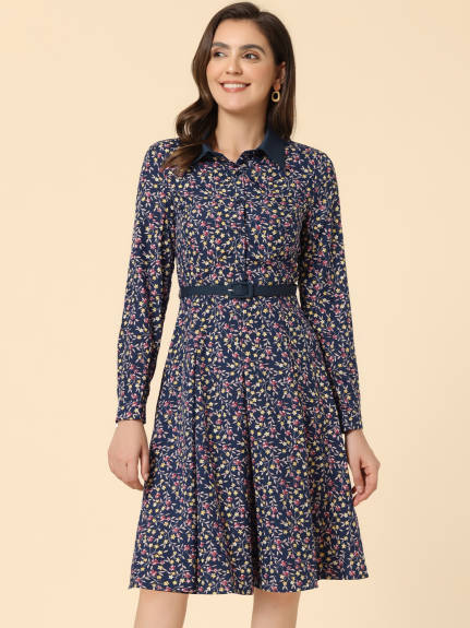 Allegra K- Floral Contrast Collar Belted Long Sleeve Retro Dress