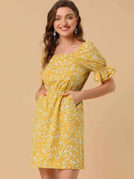 Allegra K- Square Neck Pocket Floral A-Line Dress