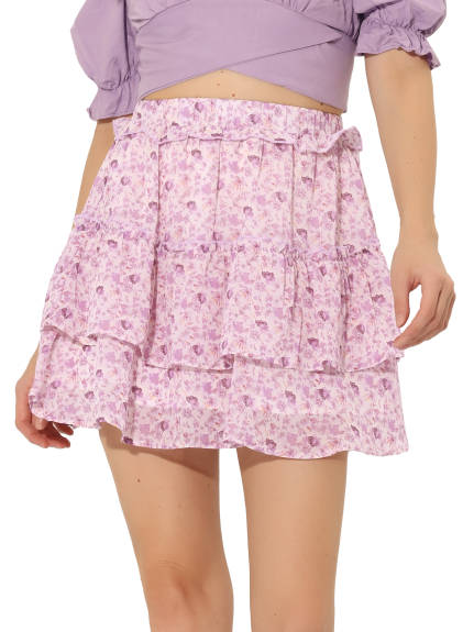 Allegra K- Layered Ruffle Elastic Waist Floral Mini Skirt