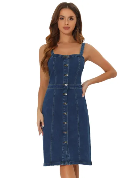 Allegra K- Button Down Sleeveless Sweetheart Neck Denim Dress