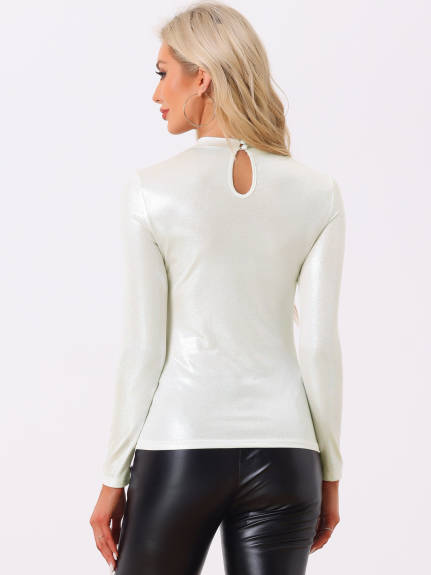 Allegra K- Glitter Mock Neck Long Sleeve Cutout Top