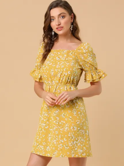 Allegra K- Square Neck Pocket Floral A-Line Dress