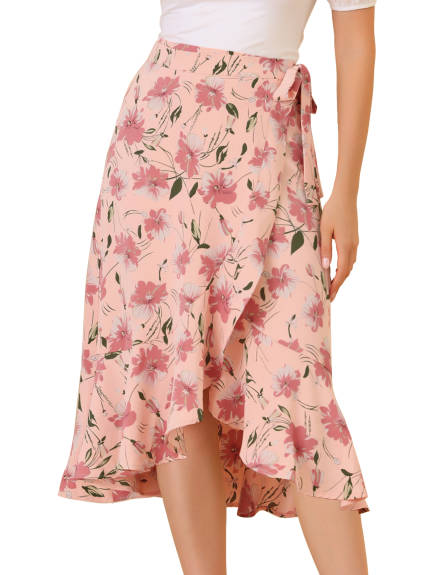 Allegra K- Tie Ruffle Split Midi Floral Wrap Skirt