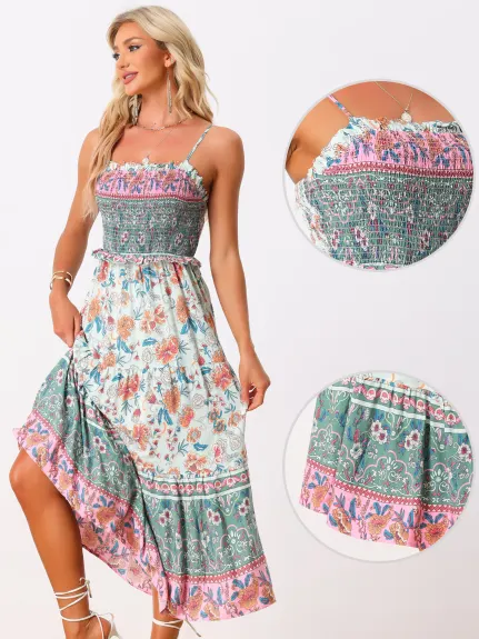 Allegra K- Boho Floral Spaghetti Strap Smocked Dress