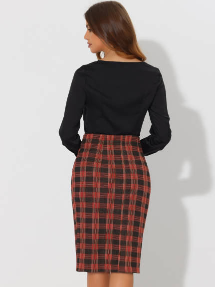 Allegra K- Elastic High Waist Knee Length Plaid Pencil Skirt