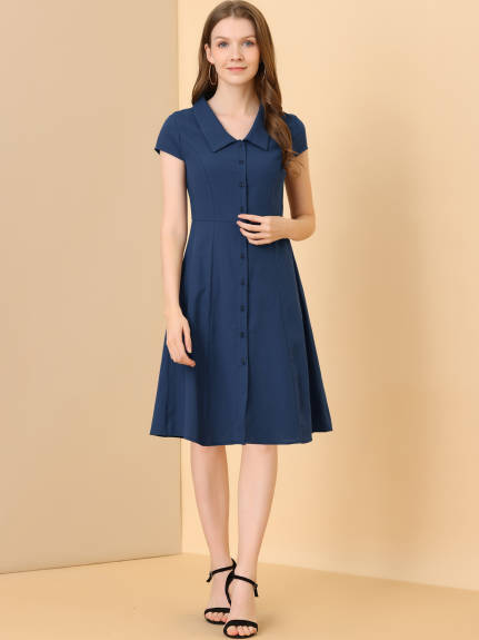 Allegra K- Cap Sleeve Cotton Collar Midi Button Down Dress