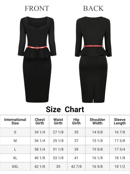 Hobemty- Belted 3/4 Sleeve Peplum Pencil Dress