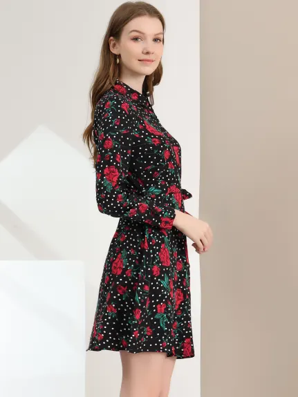 Allegra K- Lapel Button Down Belted Floral Shirt Dress