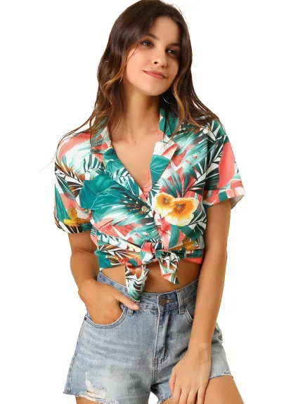 Allegra K - Chemise boutonnée à feuilles florales tropicales de plage