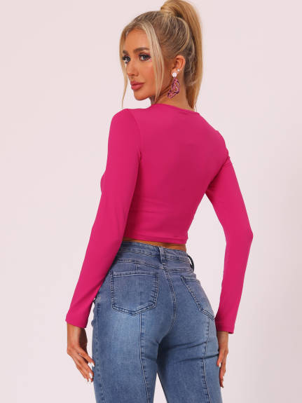 Allegra K - Long Sleeve Cut Out Slim Crop Top