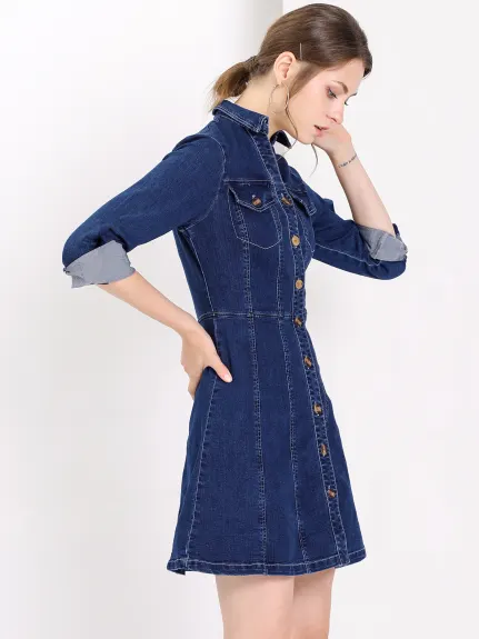 Allegra K- V-Neck Roll Up Sleeve Denim Shirt Dress