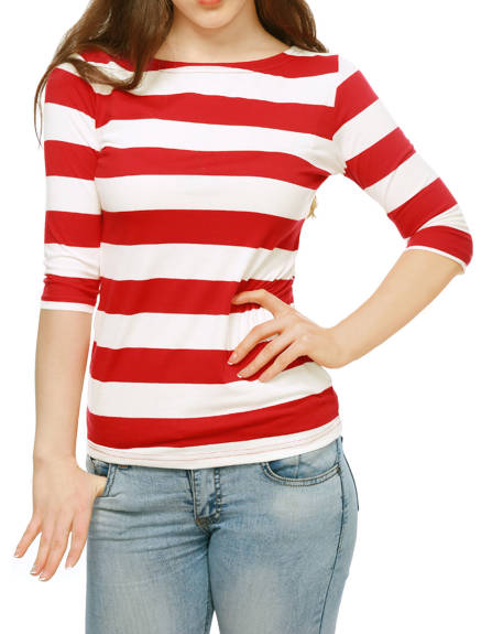 Allegra K- Boat Neck Elbow Sleeve Slim Fit Stripe T-Shirt