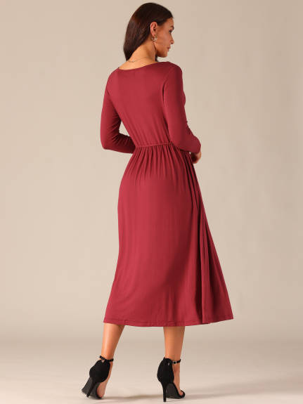 Allegra K - Crewneck Long Sleeve Midi Swing Dress