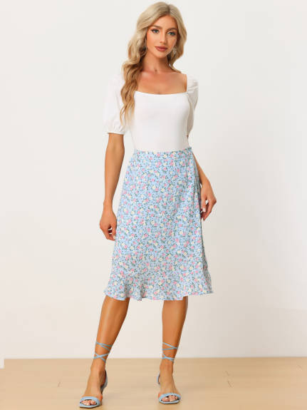 Allegra K- Floral Ruffle A-Line Split Midi Skirt