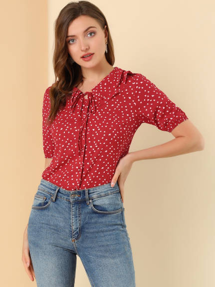 Allegra K - Tie Neck Doll Collar Heart Print Blouse