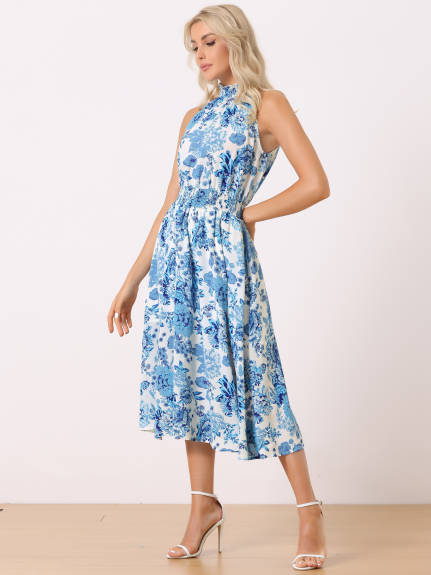 Allegra K- Halter Neck Sleeveless Floral Midi Dress