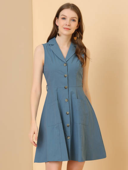 Allegra K- Belted Sleeveless Flare Shirt Dress