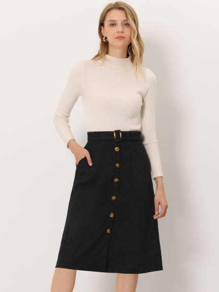 Allegra K - Button Front A-Line Belted Corduroy Skirt