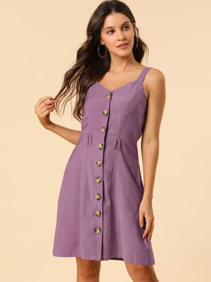 Allegra K- Belted Spaghetti Strap Button Dress