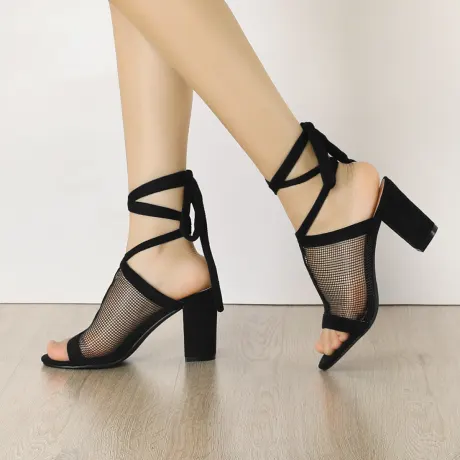 Allegra K- Mesh Block Heel Lace Up Sandals