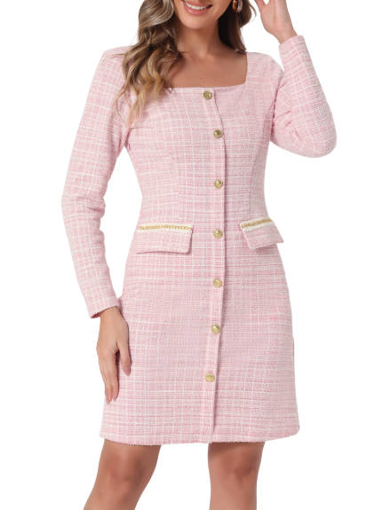 Allegra K - Tweed Plaid Long Sleeve Sheath Dress