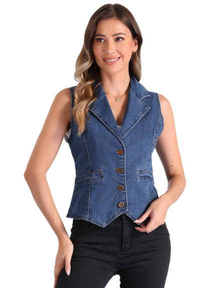 Allegra K - Notched Lapel Button Down Denim Vest