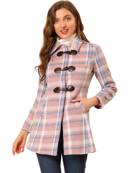 Allegra K- Turn Down Collar Plaid Toggle Duffle Long Overcoat