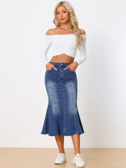 Allegra K- Washed Denim Fishtail Midi Bodycon Skirt