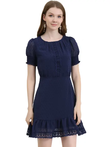 Allegra K- Short Sheer Sleeve Ruffle Hem Swiss Dots Chiffon Dress