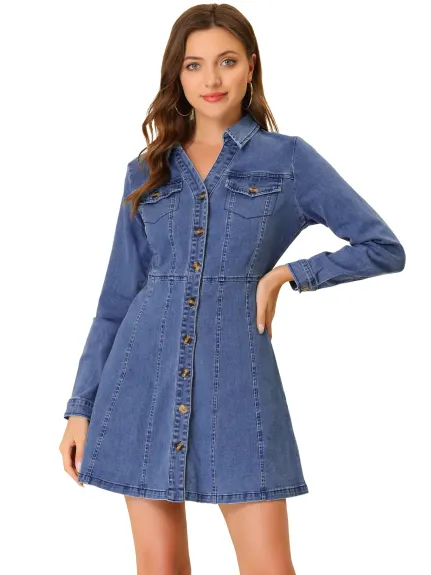 Allegra K- V-Neck Roll Up Sleeve Denim Shirt Dress