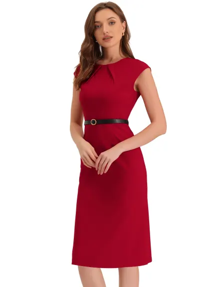 Allegra K- Cap Sleeve Belted Sheath Dress