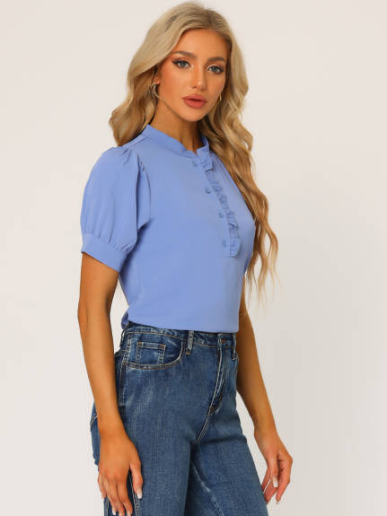 Allegra K - Puff Sleeve Chiffon Half Placket Top