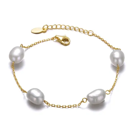 Genevive Sterling Silver 14k Yellow Gold Plated with Gray Pearl Station Bracelet w/ Adjustable Extension Chain