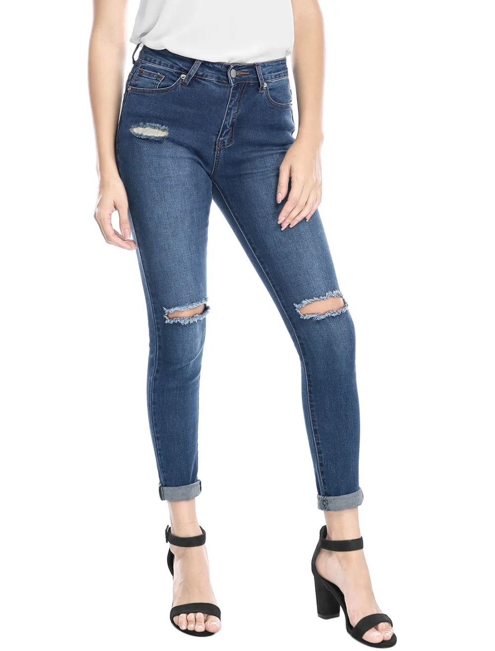 Allegra K - Stretchy Mid Rise Ripped Ankle Skinny Jeans